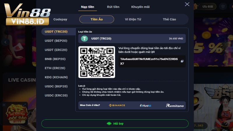 Hướng Dẫn Nạp Tiền VIN88 Bằng 6 Phương Thức Thanh Toán Chi Tiết Nạp tiền bằng USDT tối thiểu là 250.000 VNĐ